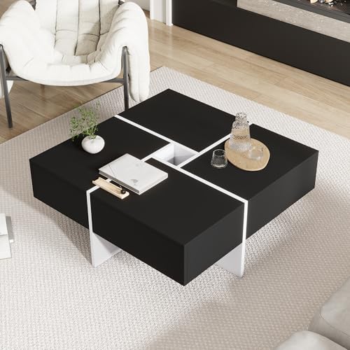 Massbinet Moderner 70 * 70 * 35cm schwarzer und weißer quadratischer Couchtisch mit 10 * 10cm zentralem Ablagefach - Belastbarkeit bis zu 30KG, schwarzer quadratischer Couchtisch von Massbinet
