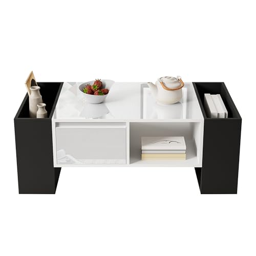 Massbinet Moderner Couchtisch 105 x 60 x 40,5 cm – Schwarz-Weiß-Design mit hochglänzender Oberfläche, Schublade und 4 offenen Fächern von Massbinet