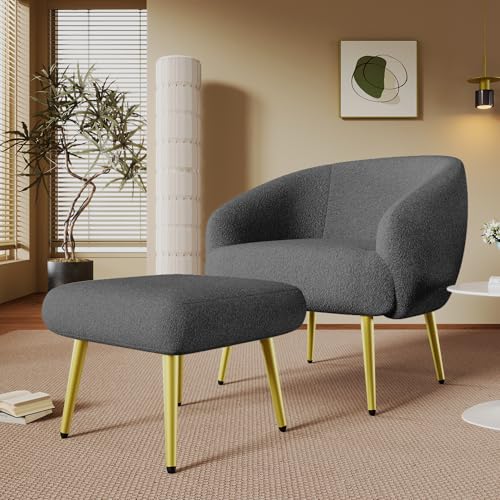 Massbinet Moderner Sherpa-Polsterstuhl mit Fußhocker – Wohnzimmersessel, ergonomisches Design, goldene Beine, luxuriöser Komfort Grey von Massbinet