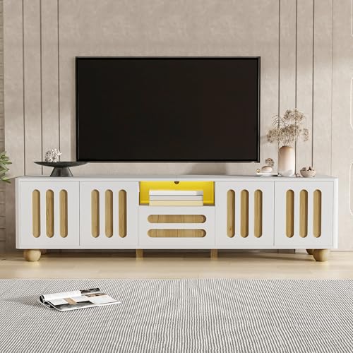 Massbinet Moderner TV-Schrank 180x40x47 cm - Weiß und Holzoptik mit 4 Türen, 1 Schublade – Abgerundete Ecken, kugelförmige Beine, vielseitiger Stauraum von Massbinet