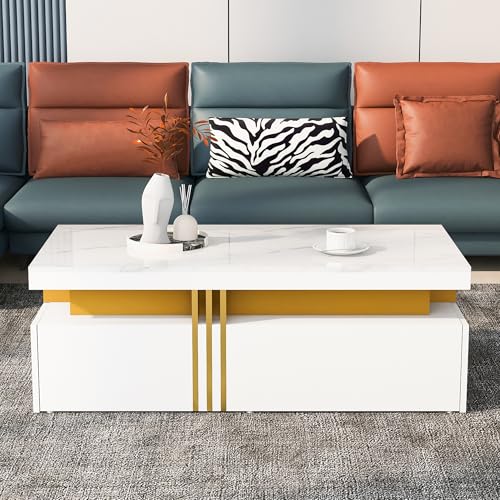 Massbinet Moderner rechteckiger Couchtisch mit Hochglanzplatte mit 2 Holzschubladen, marmorierte Tischplatte, für Wohnzimmer, 100 * 50 * 40 cm von Massbinet