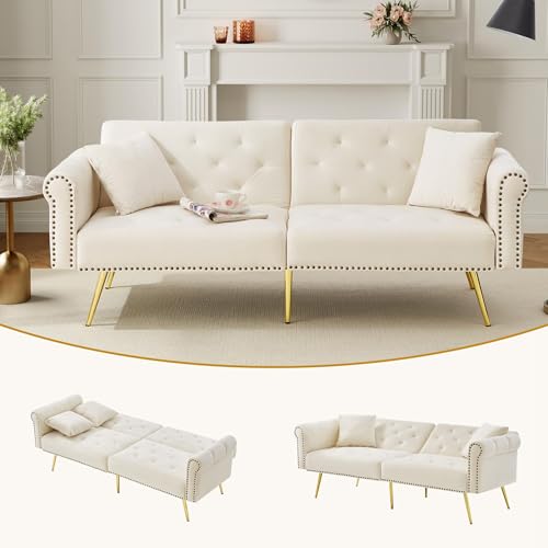 Massbinet Modernes 2-Sitzer-Schlafsofa – Samtbezug Rückenlehne mit 3-stufiger Verstellung & vergoldete Metallfüße Stilvolles Sofa mit Schlaffunktion – platzsparend belastbar Beige von Massbinet