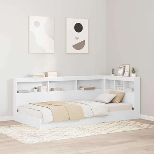 Massbinet Modernes Bücherregalbett Design mit Integriertem Bücherregal am Bett Stabiler Bettrahmen Stoffbett Gepolstertes Bettgestell mit Kopfteil Weiß 75 x 190 cm Holzwerkstoff von Massbinet
