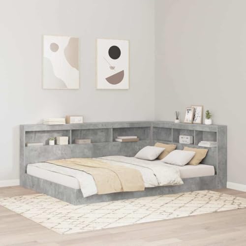 Massbinet Modernes Bücherregalbett Design mit Integriertem Bücherregal am Bett Stabiler Bettrahmen Stoffbett mit Lattenrost Gepolstertes Bettgestell Betongrau 160 x 200 cm Holzwerkstoff von Massbinet