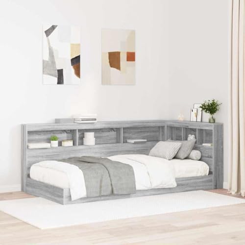 Massbinet Modernes Bücherregalbett Design mit Integriertem Bücherregal am Bett Stabiler Bettrahmen Stoffbett mit Lattenrost Gepolstertes Bettgestell Grau Sonoma 75 x 190 cm Holzwerkstoff von Massbinet