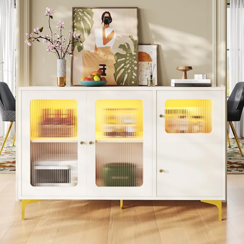 Massbinet Modernes und schlichtes weißes Sideboard (140 x 40 x 90 cm) Changhong-Glastür-Design integriertes warmes Umgebungslicht mit dekorativen Metalldetails und viel Stauraum geeignet für Esszimmer von Massbinet