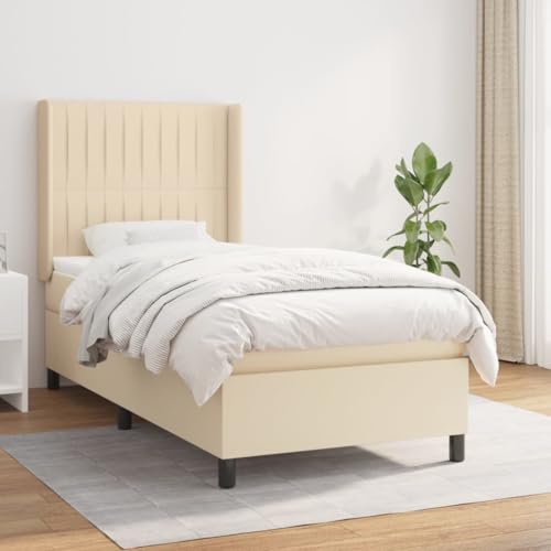 Massbinet Modisch Polsterbett mit Matratzentopper Einzelbett Topper Federmatratze Bett für Schlafzimmer Boxspringbett mit Matratze Creme 100x200 cm Stoff von Massbinet