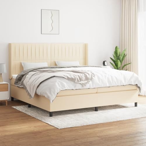 Massbinet Modisch Polsterbett mit Matratzentopper Einzelbett Topper Federmatratze Bett für Schlafzimmer Boxspringbett mit Matratze Creme 200x200 cm Stoff von Massbinet