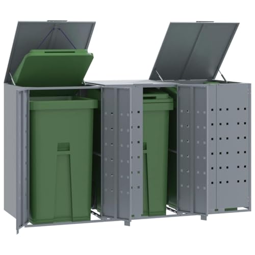 Massbinet Mülltonnenbox für 3 Tonnen Grau 207x79x117 cm Stahl Behälterabdeckungen von Massbinet