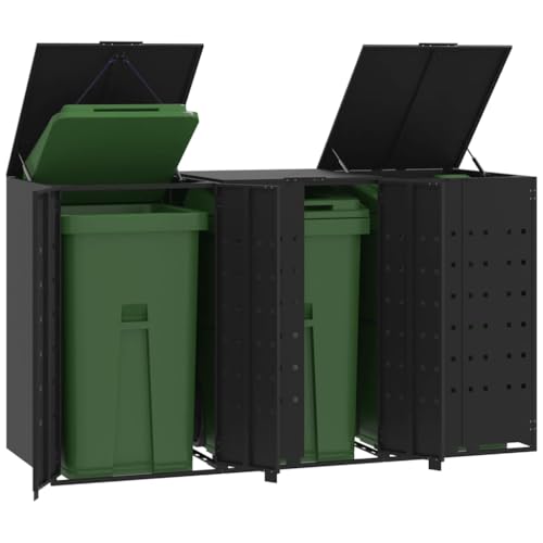 Massbinet Mülltonnenbox für 3 Tonnen Schwarz 207x79x117 cm Stahl Leichtgewichtige Behälter von Massbinet