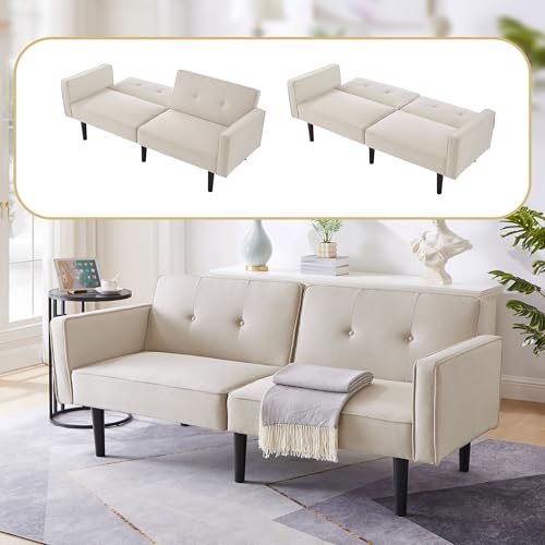 Massbinet [Multifunktionales verstellbares Sofabett 2-in-1-Sofabett Zweisitzer-Sofa unabhängig verstellbare Doppelrückenlehnen mit Schlaffunktion Baumwoll-Leinen-Stoff Beige von Massbinet