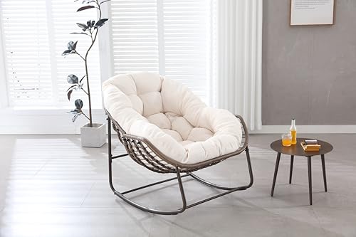 Massbinet Outdoor Schaukelstuhl Patio Oversized Wicker Egg Rocking Chair Indoor & Outdoor Bequemer Schaukelstuhl mit dickem Kissen Moderner Loungesessel Weiß von Massbinet