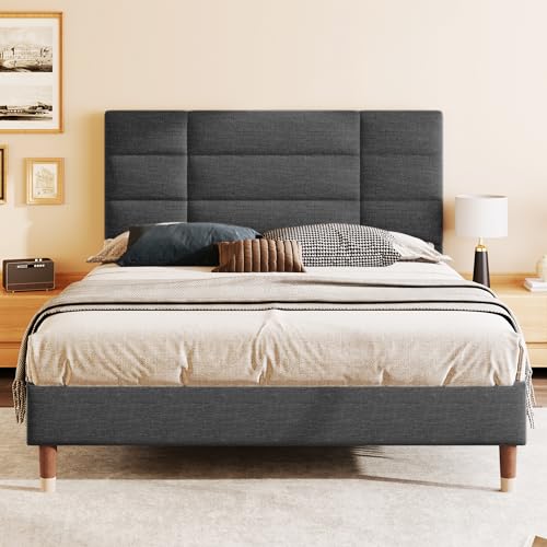 Massbinet Polsterbett Doppelbett mit Lattenrost 140x200cm gepolsteres Bettgestell mit Kopfteil in Dunkelgrau Leinen für Erwachsene&Jugendliche (Matratze Nicht enthalten) Grey von Massbinet