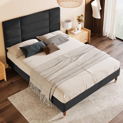 Massbinet Polsterbett Doppelbett mit Lattenrost 140x200cm gepolsteres Bettgestell mit Kopfteil in Schwarz Leinen für Erwachsene&Jugendliche (Matratze Nicht enthalten) Black von Massbinet