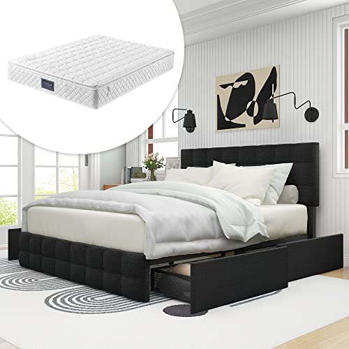 Massbinet Polsterbett mit 4 Schubladen &Federkernmatratze, Doppelbett mit Lattenrost,höhenverstellbares Kopfteil & quadratisches Nähdesign, Metalllattenstütze, Leinenmaterial (140 * 200 cm,Schwarz von Massbinet