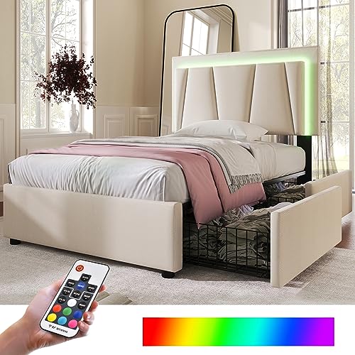 Massbinet Polsterbett mit LED-Beleuchtung und 2 Schubladen Höhenverstellbarem Kopfteil Einzelbett 90x200cm Stauraumbetten Bettgestell Lattenrost aus Holz Beige (Ohne Matratze) Beige von Massbinet