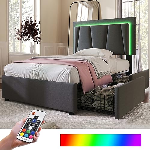 Massbinet Polsterbett mit LED-Beleuchtung und 2 Schubladen Höhenverstellbarem Kopfteil Einzelbett 90x200cm Stauraumbetten Bettgestell Lattenrost aus Holz Garu (Ohne Matratze) Grey von Massbinet