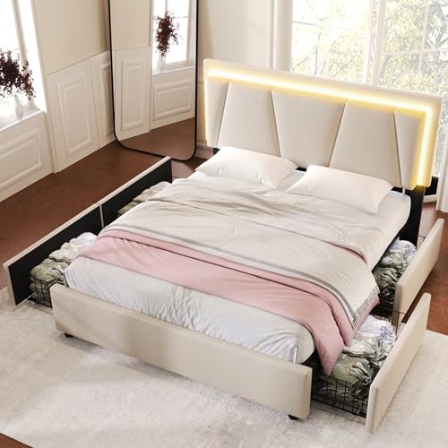 Massbinet Polsterbett mit LED-Beleuchtung und 4 Schubladen Höhenverstellbarem Kopfteil Doppelbett 140x200cm Stauraumbetten Bettgestell Lattenrost aus Holz Beige (Ohne Matratze) Beige von Massbinet