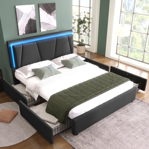Massbinet Polsterbett mit LED-Beleuchtung und 4 Schubladen Höhenverstellbarem Kopfteil Doppelbett 140x200cm Stauraumbetten Bettgestell Lattenrost aus Holz Grau (Ohne Matratze) Gray von Massbinet