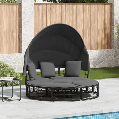 Massbinet Poly Rattan Home Lounge Outdoor-Lounge-Bett mit Baldachin und Kissen in Schwarz von Massbinet