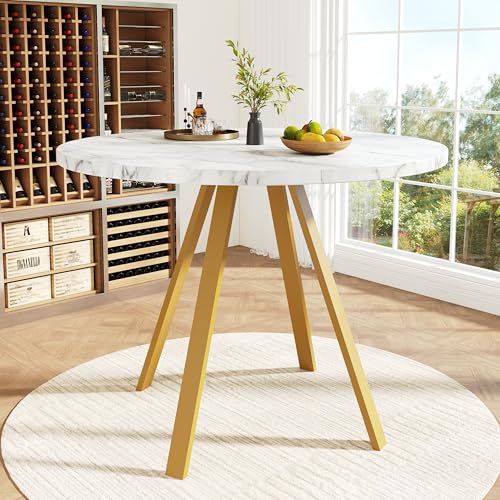 Massbinet Runder Esstisch (80×80×75cm) Küchen-Esstisch runder Couchtisch für 4 Personen geeignet für Esszimmer Wohnzimmer Tischbeine aus Metall weißes Marmormuster und goldene Tischbeine von Massbinet