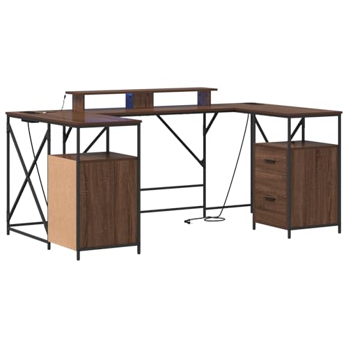 Massbinet Schreibtisch Braun Eiche 182 x 101 x 87,5 cm Holzwerkstoff Multifunktionaler Bürotisch Moderner Büroschreibtisch Stauraum Computertisch mit Beleuchtung Massbinet Schreibtisch Braun Eiche 182 x 101 x 87,5 cm Holzwerkstoff Multifunktionaler Bürotisch Moderner Büroschreibtisch Stauraum Computertisch mit Beleuchtung von Massbinet