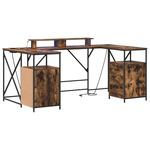 Massbinet Schreibtisch Rauch-Eiche 182 x 101 x 87,5 cm Holzwerkstoff Multifunktionaler Bürotisch Moderner Büroschreibtisch Stauraum Computertisch mit Beleuchtung Massbinet Schreibtisch Rauch-Eiche 182 x 101 x 87,5 cm Holzwerkstoff Multifunktionaler Bürotisch Moderner Büroschreibtisch Stauraum Computertisch mit Beleuchtung von Massbinet