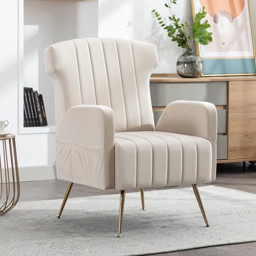 Massbinet Sessel Ohrensessel mit Metallic Gold Beinen Casual Single Sofa Samt Beige von Massbinet