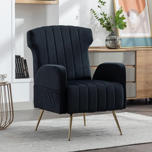 Massbinet Sessel Ohrensessel mit Metallic Gold Beinen Casual Single Sofa Samt Black von Massbinet