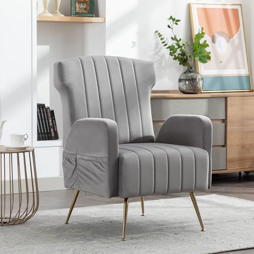 Massbinet Sessel Ohrensessel mit Metallic Gold Beinen Casual Single Sofa Samt Gray von Massbinet