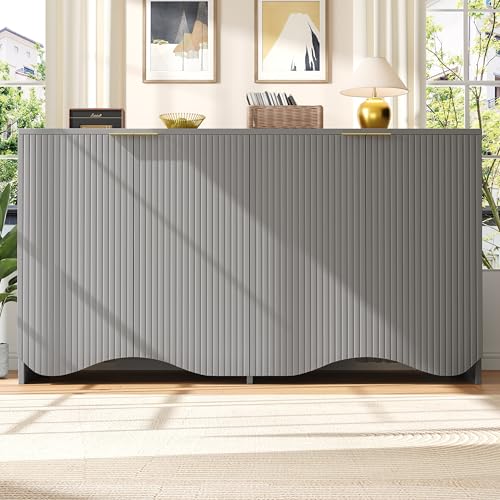 Massbinet Sideboard(140×40×85cm) buffetschrank cabinets Esszimmer Wohnzimmer Aufbewahrungsschränke Gemusterte Schränke Freistehende Schränke Küchenmöbel Wellenmuster-Design Grau von Massbinet