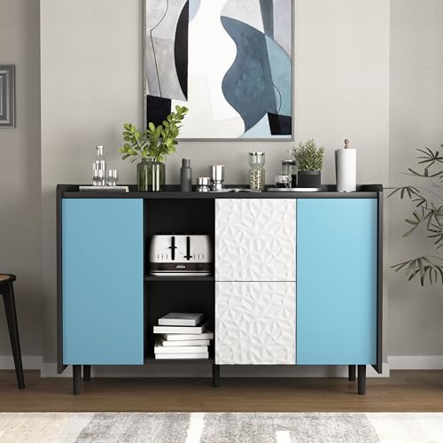 Massbinet Sideboard-Buffetschrank, schwarzer Lagerschrank mit blauen Türen, 2 Schubladen mit einzigartigem Paneel-Styling und 2 offenen Lagerfächern, moderner Kaffeebarschrank, Akzentschrank für Küche Massbinet Sideboard-Buffetschrank, schwarzer Lagerschrank mit blauen Türen, 2 Schubladen mit einzigartigem Paneel-Styling und 2 offenen Lagerfächern, moderner Kaffeebarschrank, Akzentschrank für Küche von Massbinet