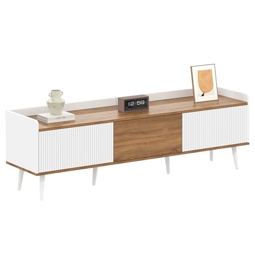 Massbinet TV Schrank, TV Tisch, TV Ständer, dreitüriger Unterschrank Kompakte Konstruktion Weiß und natürliches Holzfinish Höhe 49,5 cm/Länge 160 cm/Breite 39 cm von Massbinet