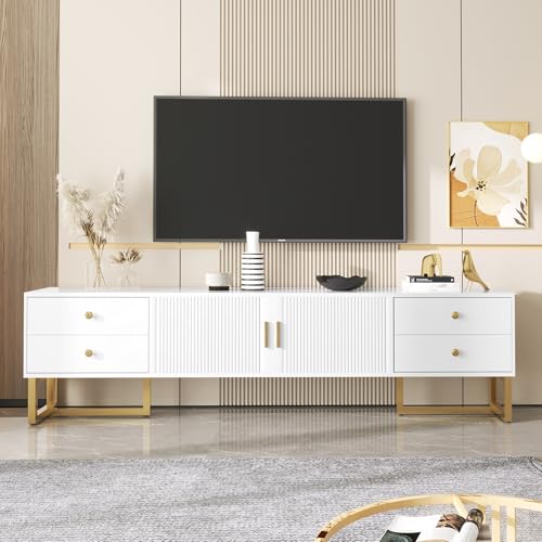 Massbinet TV Schrank niedriges Paneel mit strukturierter Tür TV Möbel mit Schubladen goldenen Griffen und goldenen Füßen von Massbinet