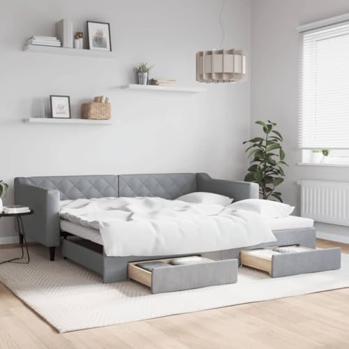 Massbinet Tagesbett Bett Ausziehbett Bettsofa Gästebett für Schlafzimmer Wohnzimmer Hellgrau 100 x 200 cm-mit Bettkasten & Schublade von Massbinet