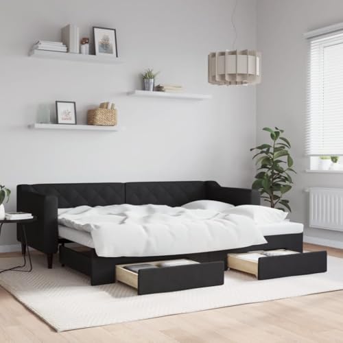 Massbinet Tagesbett Bett Ausziehbett Bettsofa Gästebett für Schlafzimmer Wohnzimmer Schwarz 80 x 200 cm-mit Bettkasten & Schublade von Massbinet