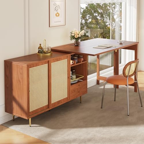 Massbinet Um 360°drehbarer Stehtisch (Hauptkörper: 107 x 40 x 71 4 cm) brauner Stehtisch mit erweiterbarem Design Aufbewahrungsschrank mit Rattantür + offenes Lagerregal von Massbinet