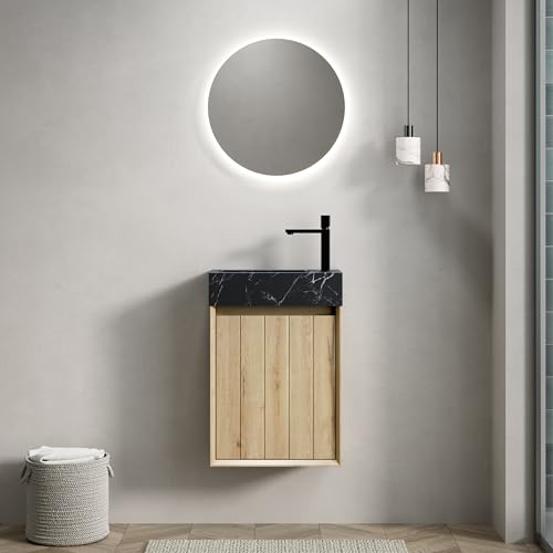 Massbinet VITO 40cm Wandhalterung Badezimmer-Waschtisch mit Unterbauwaschbecken aus Schwarzem Marmor mit Steinmuster, Sperrholzschränke mit Streifen, eine Tür, Vormontiert von Massbinet