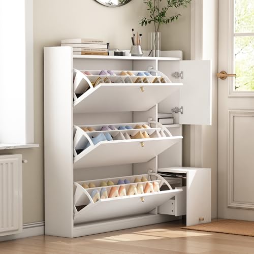 Massbinet Vielseitiger Kipp-Schuhschrank mit 3 Klappschubladen Stauraum-Eingangsorganizer mit Schublade Freistehendes Schuhregal mit herunterklappbarer Sitzbank für den Flur Weiß 119 * 24 * 122 Massbinet Vielseitiger Kipp-Schuhschrank mit 3 Klappschubladen Stauraum-Eingangsorganizer mit Schublade Freistehendes Schuhregal mit herunterklappbarer Sitzbank für den Flur Weiß 119 * 24 * 122 von Massbinet