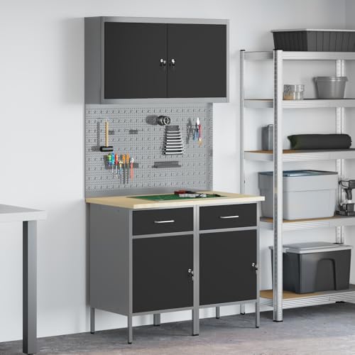 Massbinet Werktisch mit Holz-Arbeitsplatte & offener Ablage 5-TLG. Werkstattschrank-Set mit Stecktafel Schwarz MDF Metall Massbinet Werktisch mit Holz-Arbeitsplatte & offener Ablage 5-TLG. Werkstattschrank-Set mit Stecktafel Schwarz MDF Metall von Massbinet