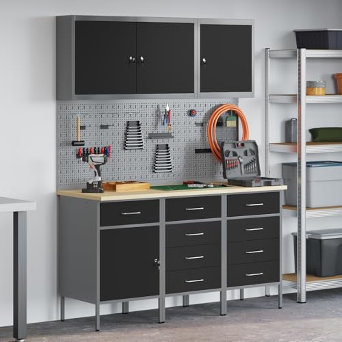 Massbinet Werktisch mit Holz-Arbeitsplatte & offener Ablage 8-TLG. Werkbank-Set Schwarz Stahl Massbinet Werktisch mit Holz-Arbeitsplatte & offener Ablage 8-TLG. Werkbank-Set Schwarz Stahl von Massbinet