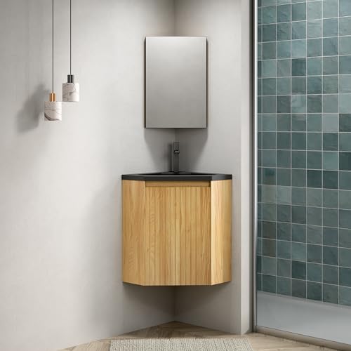 Massbinet Zuri 38cm Wandhalterung Badezimmer-Waschtisch mit Matt-schwarzes Integrationsbecken aus Harz, Dreieckige Sperrholzschränke mit Streifen, für Ecken, eine Tür, Vormontiert von Massbinet
