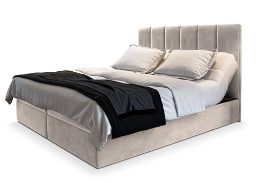 Masseno Boxspringbett BARINO 140x200 cm Komplett-Set mit Matratze und Topper, Polsterbett mit Zwei Bettkästen -Beige, Paros 02 von Masseno