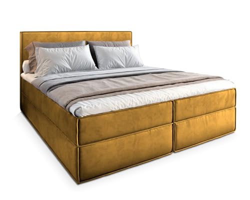 Masseno Boxspringbett PELLIO 160x200 cm Komplett-Set mit Matratze und Topper, Polsterbett mit Zwei Bettkästen -Gelb, Monolith 48 von Masseno