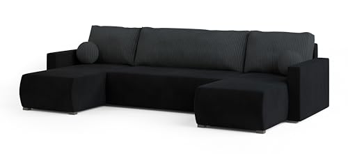 Masseno Ecksofa TESSUN mit Schlaffunktion U-Form, Sofa mit Bettkasten, Wohnzimmersofa, Couch, Soffa, Bettsofa, Couchgarnitur- Schwarz, POSO 135 + Kronos 07 von Masseno