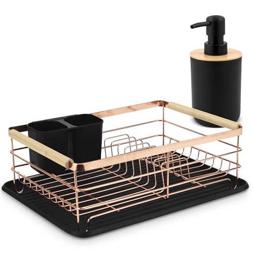 Massido Abtropfgestell Geschirr Geschirrabtropfgestell 43 x 32 x 14 cm Geschirrständer Holzgriffe Besteckhalter Schwarz Gold von Massido
