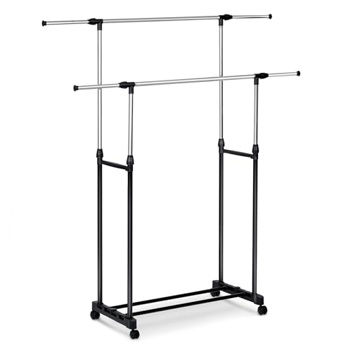 Massido Kleiderständer auf Rollen Garderobenständer aus Metall Schuhablage 2 Stangen Höhenverstellbar Breitenverstellbar Schwarz Silber Massido Kleiderständer auf Rollen Garderobenständer aus Metall Schuhablage 2 Stangen Höhenverstellbar Breitenverstellbar Schwarz Silber von Massido
