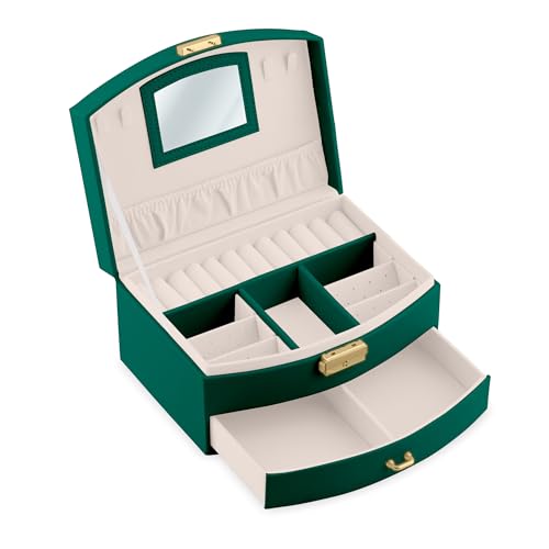 Massido Schmuckkästchen Schmuckschatulle mit Spiegel Schmuckaufbewahrung Organizer Tragbar 20,5 x 13,5 x 10,5 cm Grün von Massido
