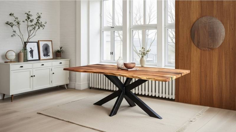 Massivart® Baumkantentisch TORVALD / Akazie massiv / (160/180/200) / Epoxidharz-Füllung, Baumkante · Metallgestell schwarz · handgefertigt · Industrial-Look von Massivart®