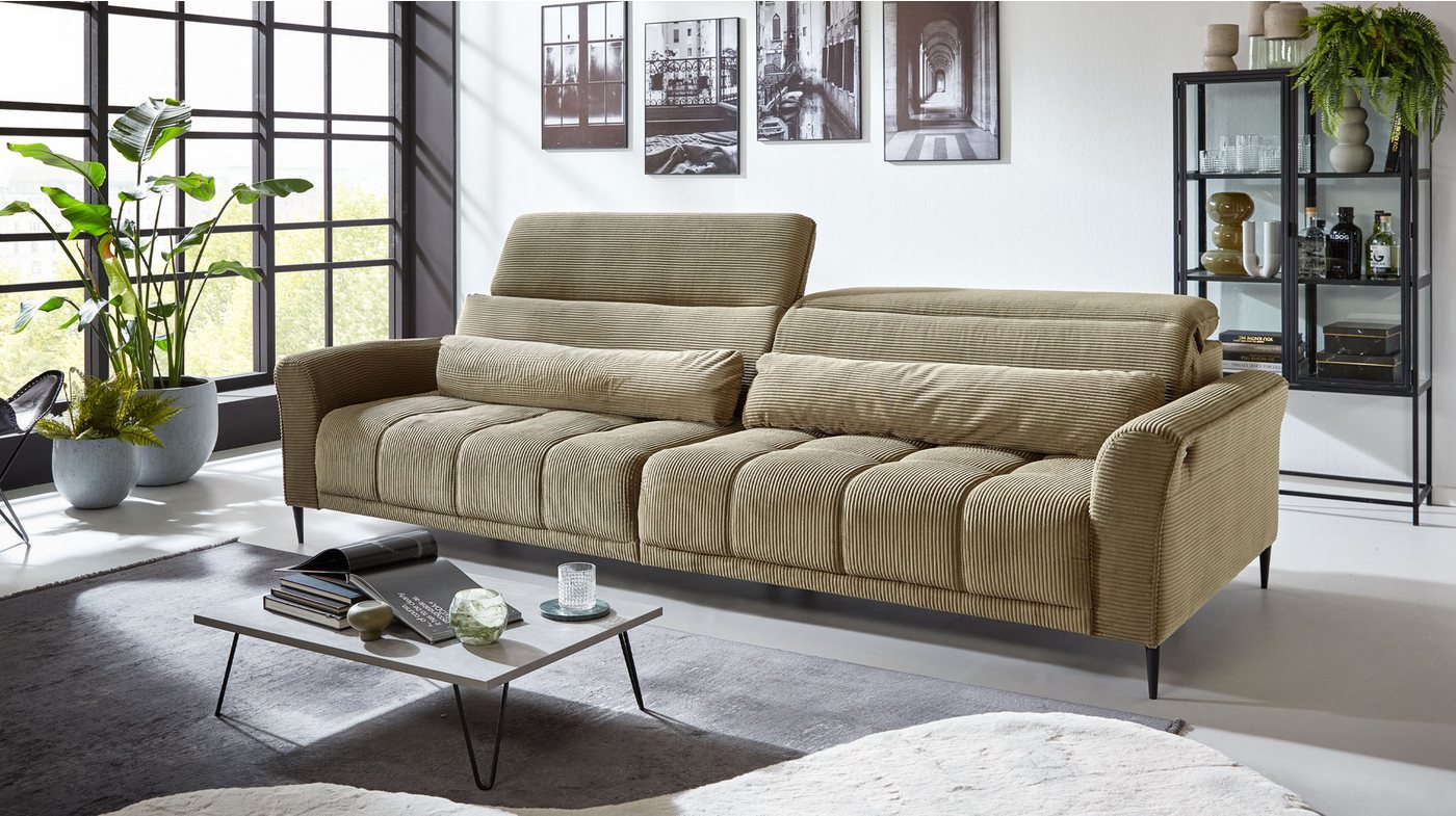 Massivart® Big-Sofa LOGAN Cord grün 280 cm / 4-Sitzer, Sitztiefenverstellung, Kopfteilverstellung, Wellenunterfederung von Massivart®